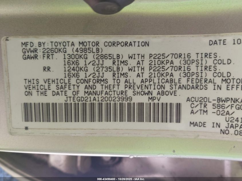 2002 Toyota Highlander VIN: JTEGD21A120023999 Lot: 43498480