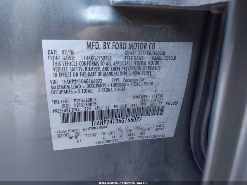 2006 Ford Five Hundred Sel VIN: 1FAHP24106G166022 Lot: 43498505