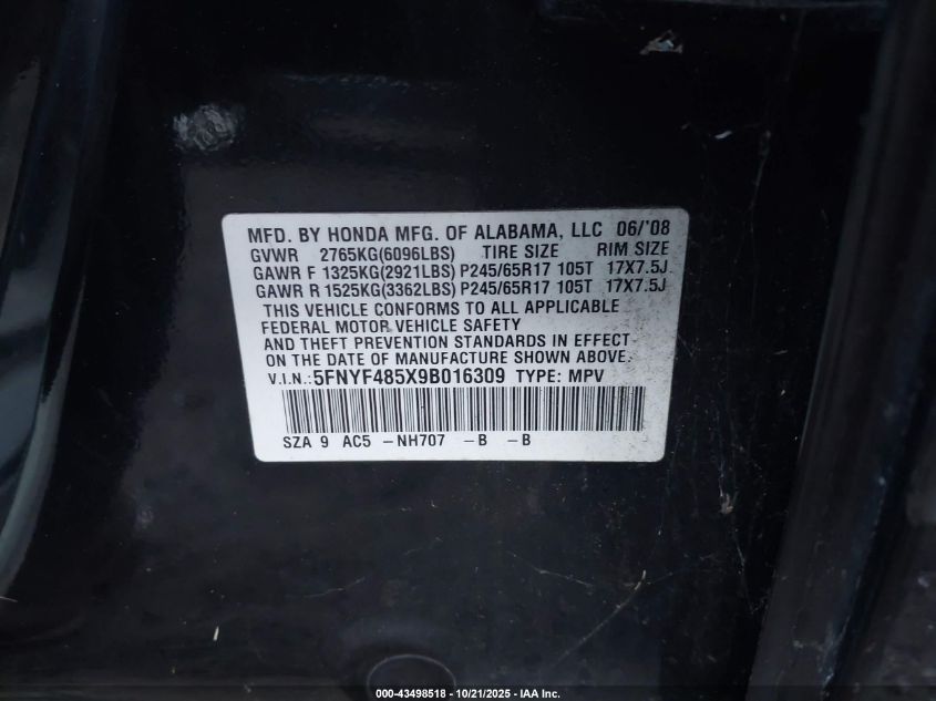 2009 Honda Pilot Ex-L VIN: 5FNYF485X9B016309 Lot: 43498518