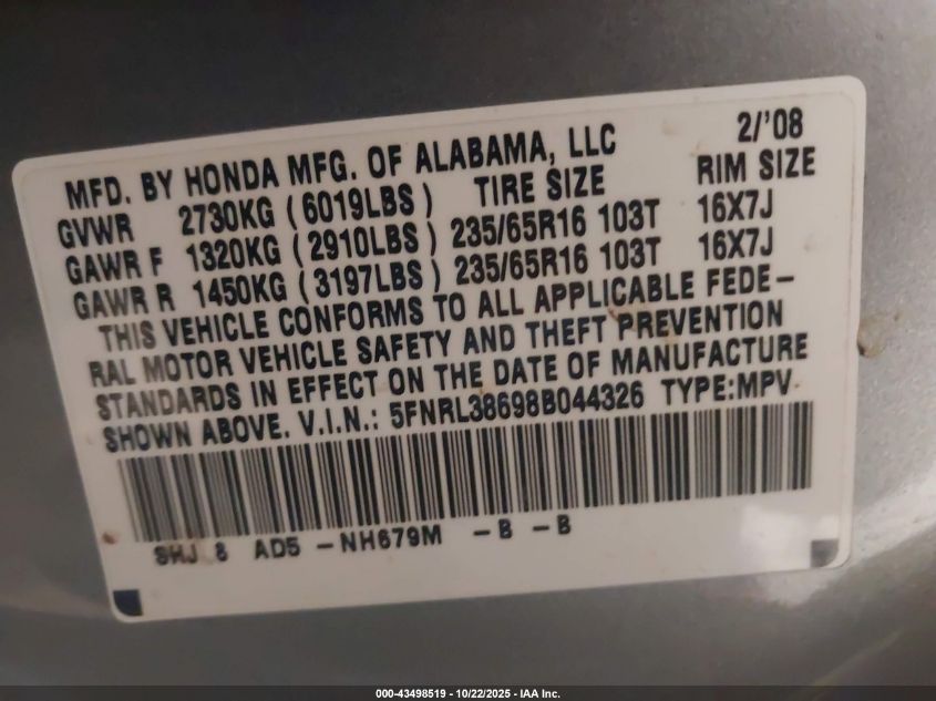 2008 Honda Odyssey Ex-L VIN: 5FNRL38698B044326 Lot: 43498519