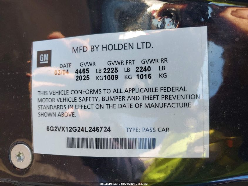 2004 Pontiac Gto VIN: 6G2VX12G24L246724 Lot: 43498546