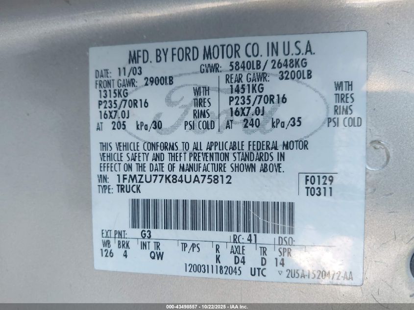 2004 Ford Explorer Sport Trac Adrenalin/Xls/Xlt VIN: 1FMZU77K84UA75812 Lot: 43498557