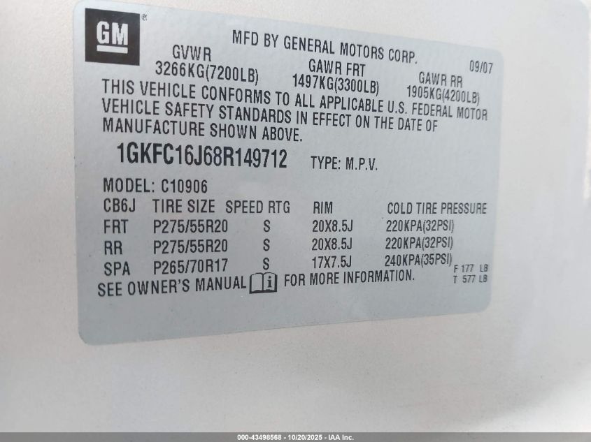 2008 GMC Yukon Xl 1500 Slt VIN: 1GKFC16J68R149712 Lot: 43498568