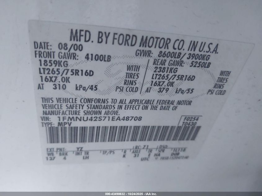 2001 Ford Excursion Limited VIN: 1FMNU42S71EA48708 Lot: 43498632