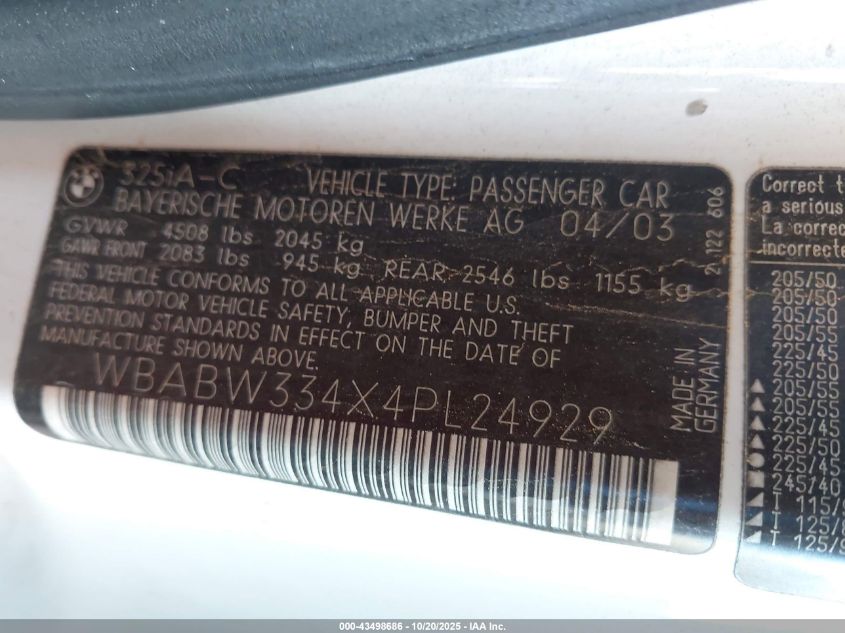 2004 BMW 325Ci VIN: WBABW334X4PL24929 Lot: 43498686