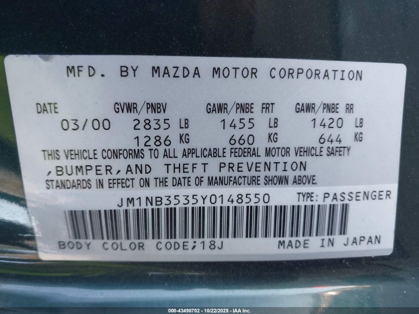 2000 Mazda Mx-5 Miata Ls/Special Edition VIN: JM1NB3535Y0148550 Lot: 43498702