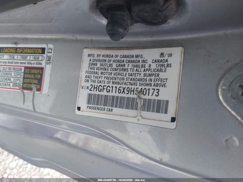 2009 Honda Civic Lx VIN: 2HGFG116X9H540173 Lot: 43498726
