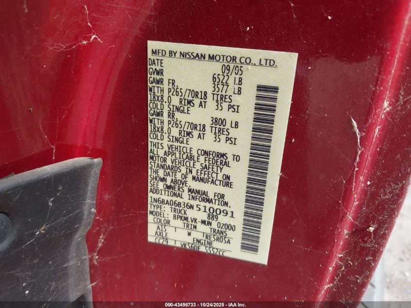 2006 Nissan Titan Le VIN: 1N6BA06B36N510091 Lot: 43498733