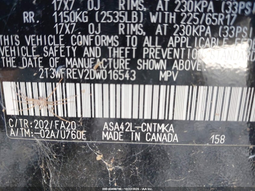 2013 TOYOTA RAV4 XLE 2T3WFREV2DW016543