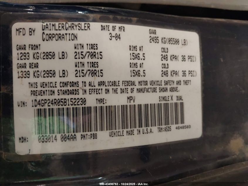 2005 Dodge Grand Caravan Se VIN: 1D4GP24R05B152230 Lot: 43498763