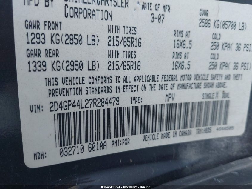 2007 Dodge Grand Caravan Sxt VIN: 2D4GP44L27R284479 Lot: 43498774