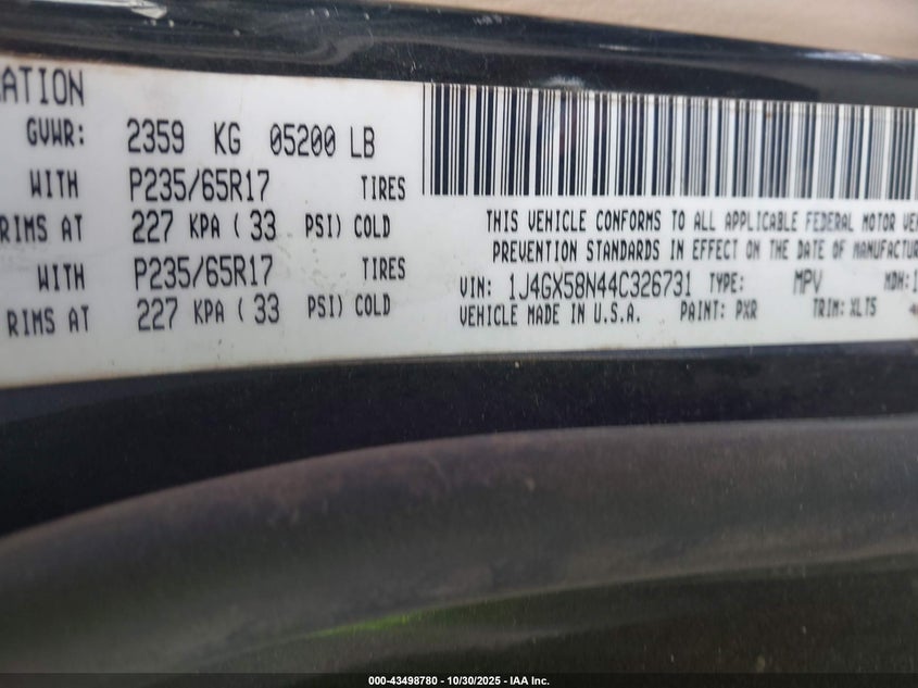 1J4GX58N44C326731 2004 JEEP GRAND CHEROKEE photo no. 8