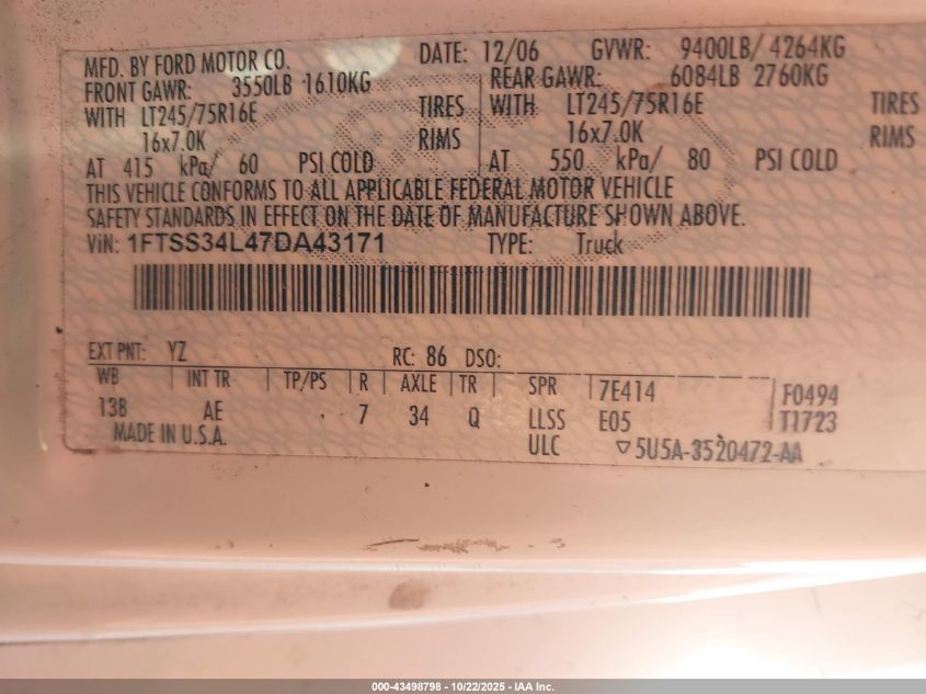 2007 Ford E-350 Super Duty Recreational VIN: 1FTSS34L47DA43171 Lot: 43498798