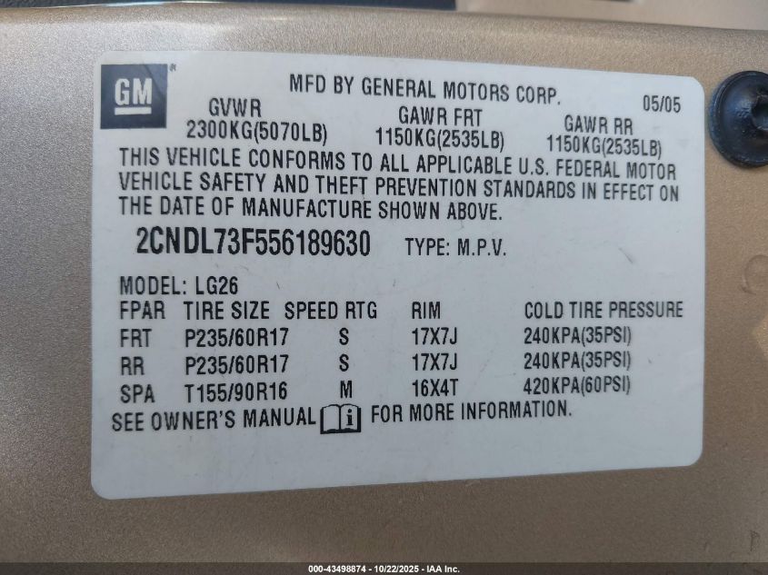 2005 Chevrolet Equinox Lt VIN: 2CNDL73F556189630 Lot: 43498874