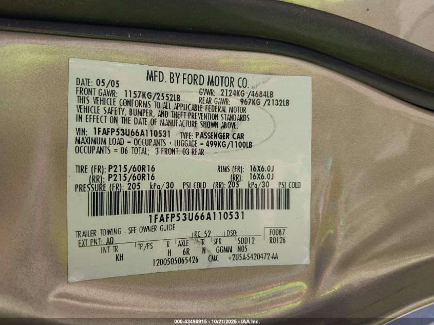 2006 Ford Taurus Se VIN: 1FAFP53U66A110531 Lot: 43498915