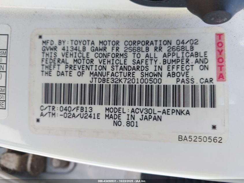 2002 Toyota Camry Le/Se/Xle VIN: JTDBE32K720100500 Lot: 43498931