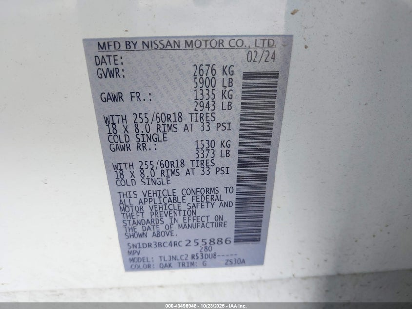 2024 NISSAN PATHFINDER SV 4WD 5N1DR3BC4RC255886