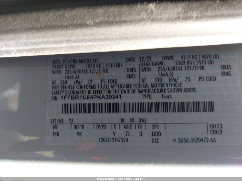 2023 Ford Transit-250 VIN: 1FTBR1C84PKA39341 Lot: 43498966