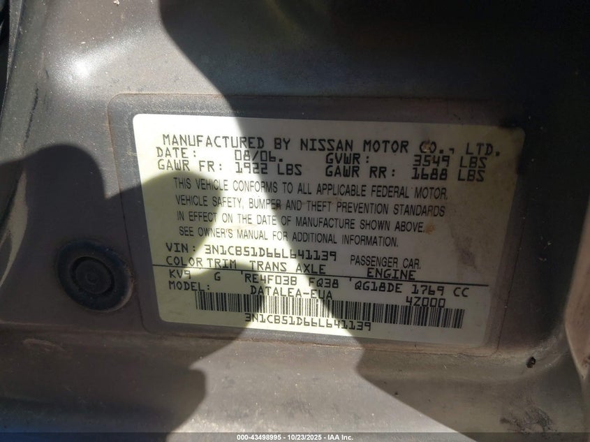 3N1CB51D66L641139 2006 NISSAN SENTRA photo no. 9