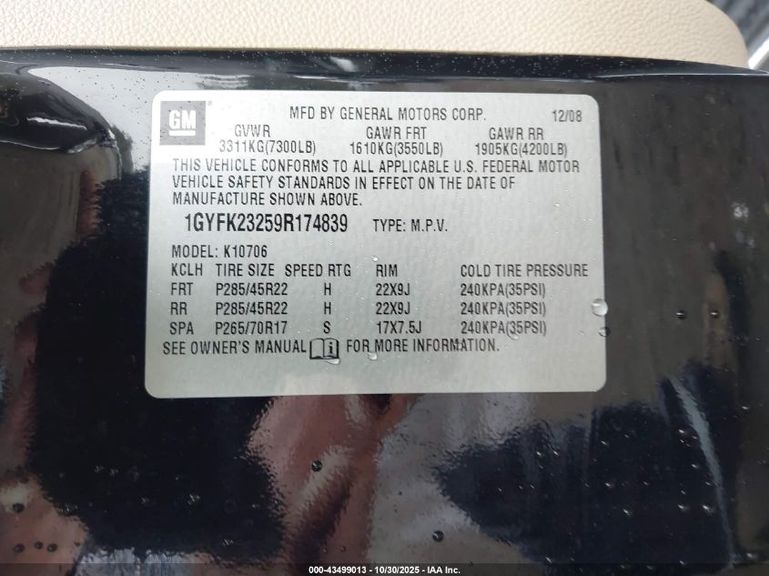 2009 Cadillac Escalade Standard VIN: 1GYFK23259R174839 Lot: 43499013