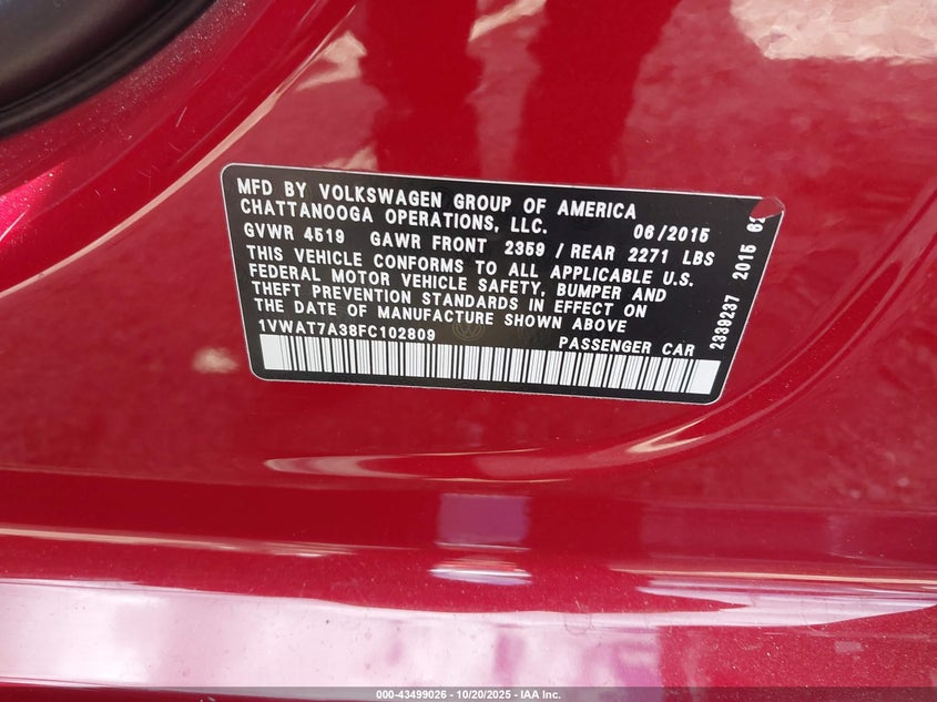 2015 VOLKSWAGEN PASSAT 1.8T LIMITED EDITION 1VWAT7A38FC102809