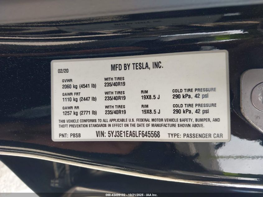 2020 Tesla Model 3 Standard Range Plus Rear-Wheel Drive/Standard Range Rear-Wheel Drive VIN: 5YJ3E1EA6LF645568 Lot: 43499102