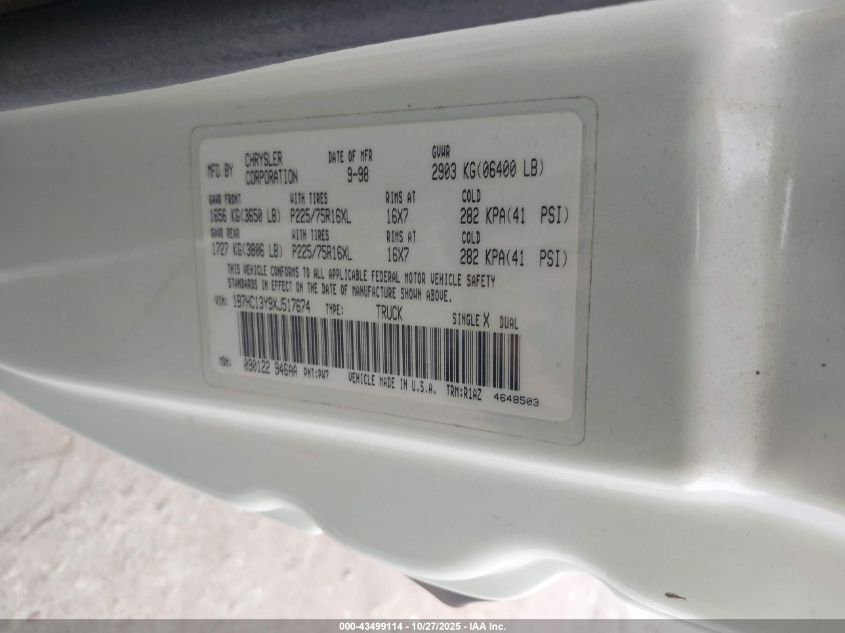 1999 Dodge Ram 1500 St VIN: 1B7HC13Y9XJ517674 Lot: 43499114