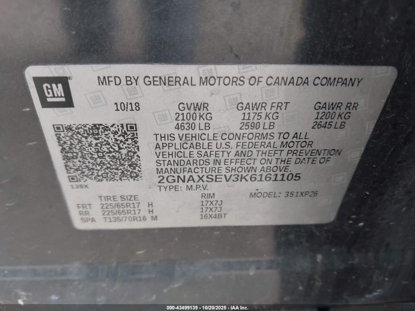 2019 Chevrolet Equinox Ls VIN: 2GNAXSEV3K6161105 Lot: 43499139