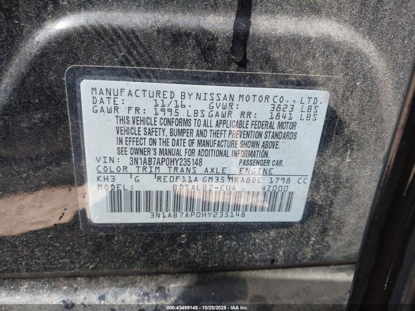 2017 Nissan Sentra S VIN: 3N1AB7AP0HY235148 Lot: 43499148