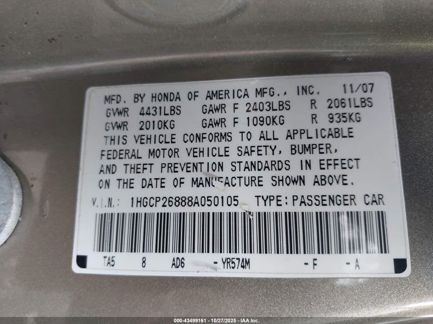 1HGCP26888A050105 2008 HONDA ACCORD photo no. 9