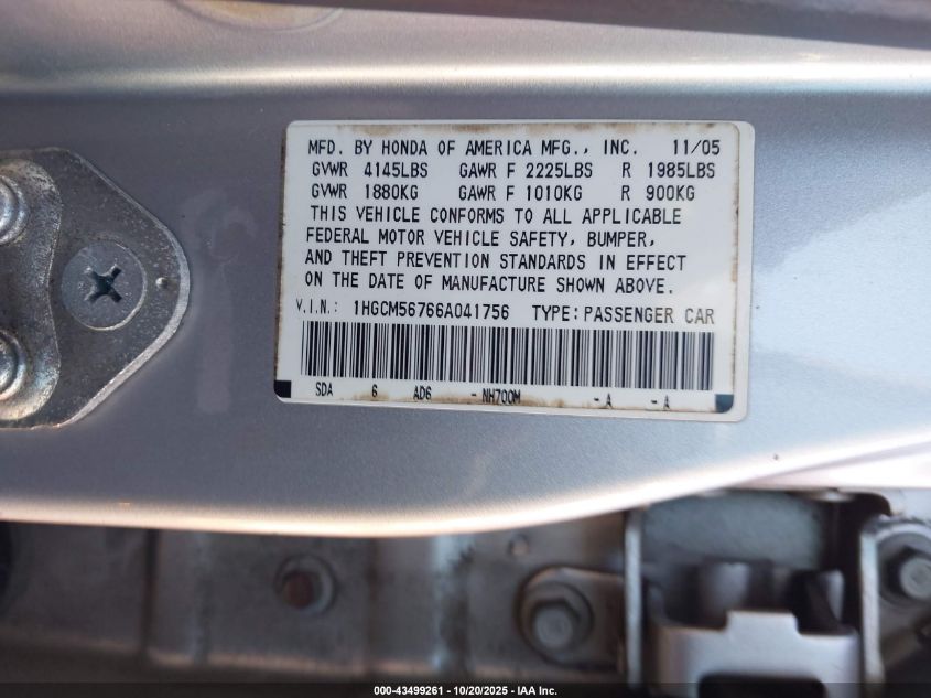 2006 Honda Accord 2.4 Ex VIN: 1HGCM56766A041756 Lot: 43499261