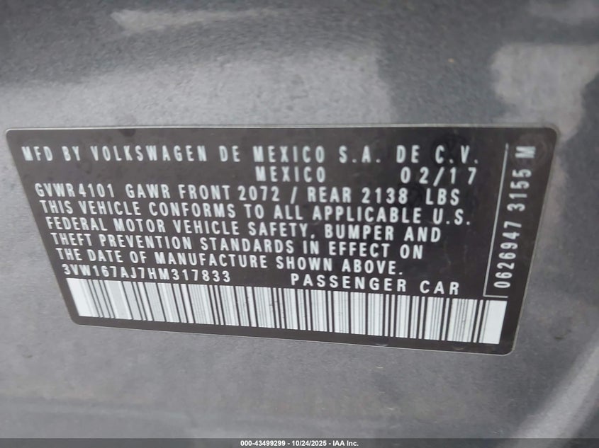2017 VOLKSWAGEN JETTA 1.4T S 3VW167AJ7HM317833