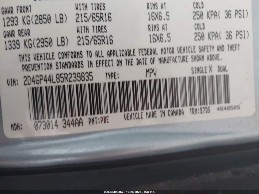 2005 Dodge Grand Caravan Sxt VIN: 2D4GP44L85R239835 Lot: 43499362