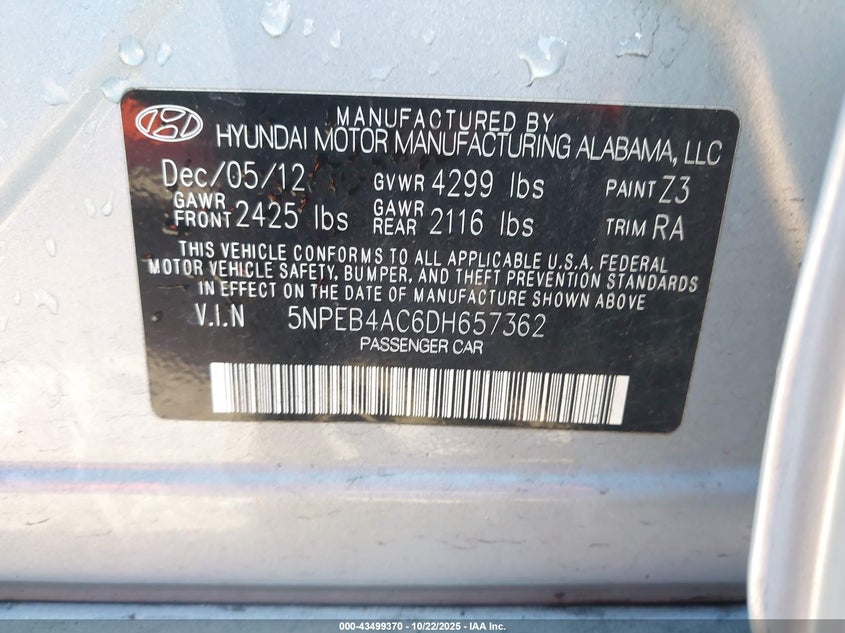 2013 HYUNDAI SONATA GLS 5NPEB4AC6DH657362