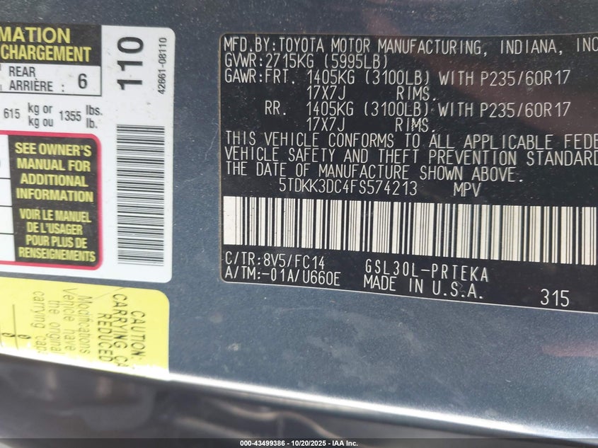 2015 TOYOTA SIENNA LE 8 PASSENGER 5TDKK3DC4FS574213