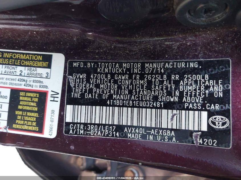 2014 Toyota Avalon Hybrid Xle Touring VIN: 4T1BD1EB1EU032481 Lot: 43499393