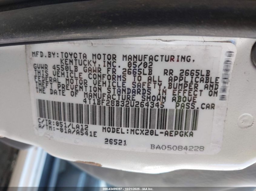 2002 Toyota Avalon Xls VIN: 4T1BF28B32U264345 Lot: 43499397