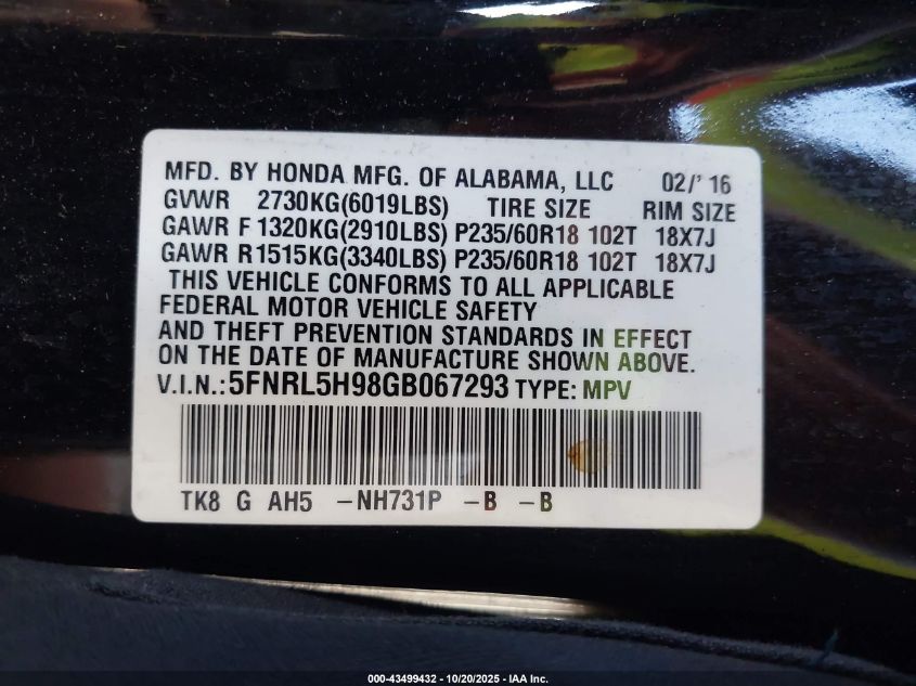 2016 Honda Odyssey Touring/Touring Elite VIN: 5FNRL5H98GB067293 Lot: 43499432