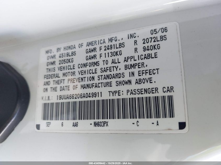 2006 Acura Tl VIN: 19UUA66206A049911 Lot: 43499442