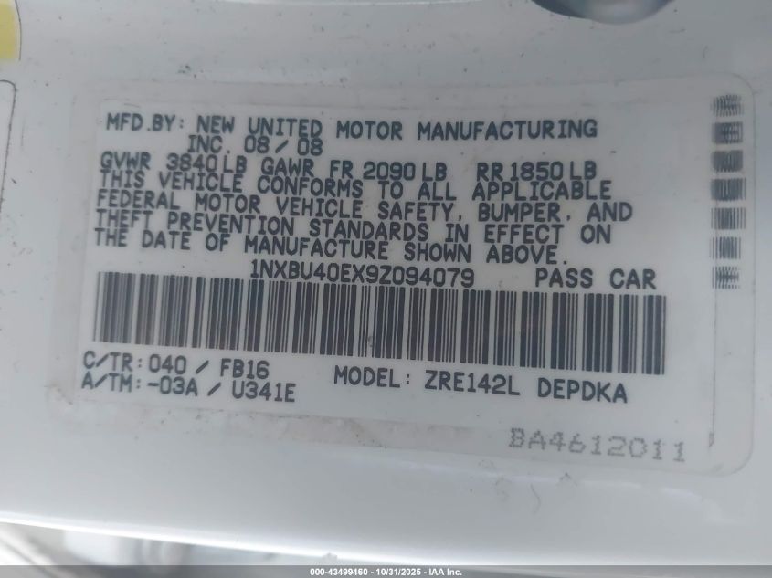 2009 Toyota Corolla VIN: 1NXBU40EX9Z094079 Lot: 43499460