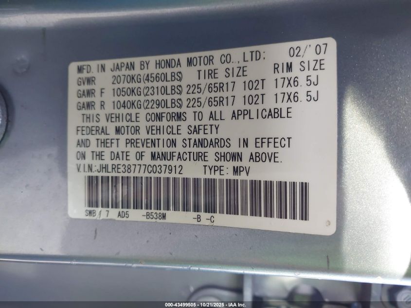 2007 Honda Cr-V Ex-L VIN: JHLRE38777C037912 Lot: 43499505