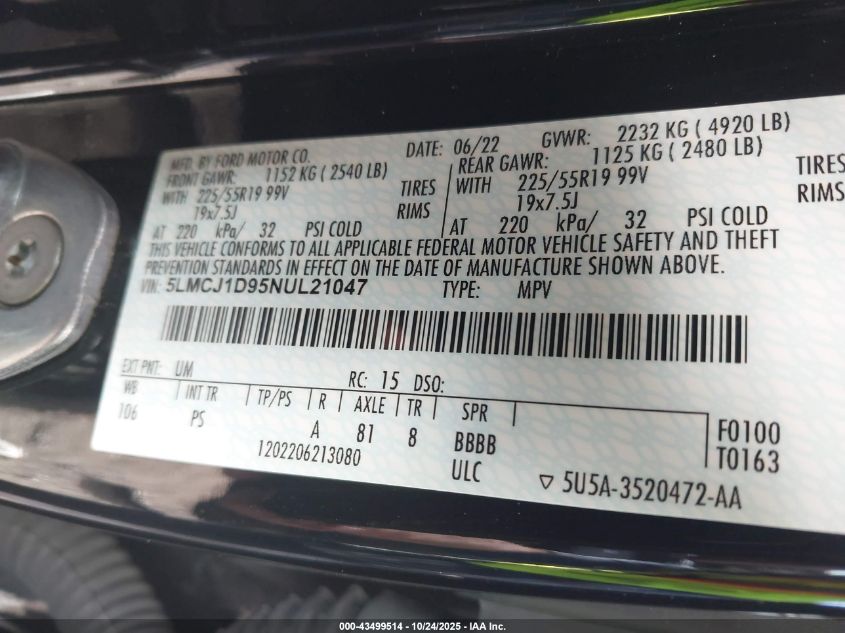 2022 Lincoln Corsair Standard VIN: 5LMCJ1D95NUL21047 Lot: 43499514