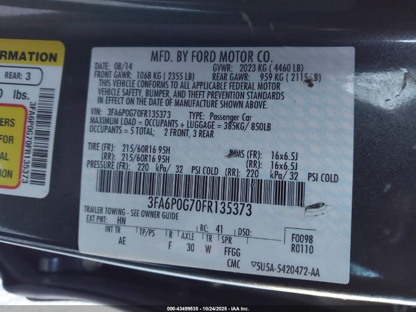 2015 Ford Fusion S VIN: 3FA6P0G70FR135373 Lot: 43499535