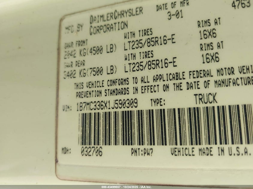 1B7MC336X1J590309 2001 DODGE RAM photo no. 8