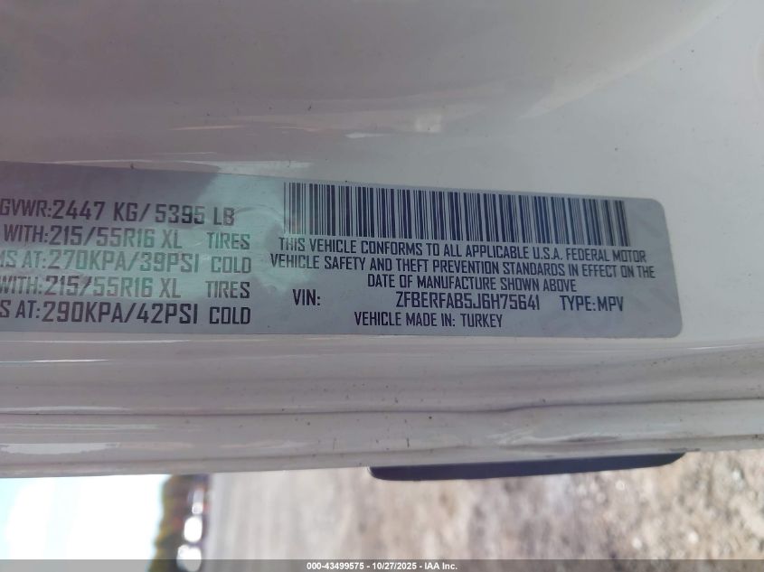 2018 Ram Promaster City Tradesman VIN: ZFBERFAB5J6H75641 Lot: 43499575