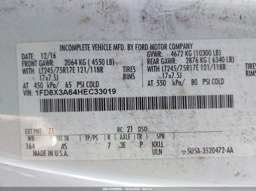 2017 Ford F-350 Xl VIN: 1FD8X3A64HEC33019 Lot: 43499600