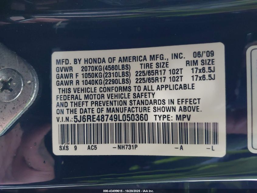 2009 Honda Cr-V Ex-L VIN: 5J6RE48749L050360 Lot: 43499615