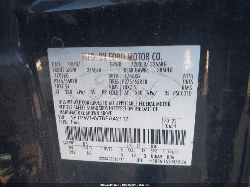 2008 Ford F-150 60Th Anniversary/Fx4/King Ranch/Lariat/Xlt VIN: 1FTPW14V78FA42117 Lot: 43499670