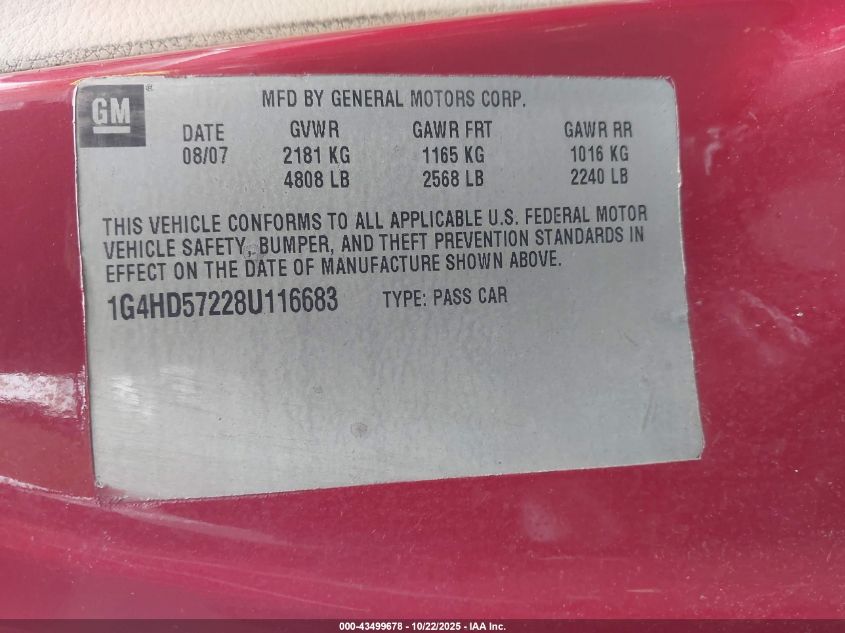 2008 Buick Lucerne Cxl VIN: 1G4HD57228U116683 Lot: 43499678