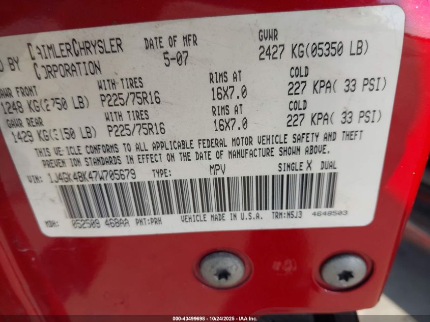 2007 Jeep Liberty Sport VIN: 1J4GK48K47W705679 Lot: 43499698